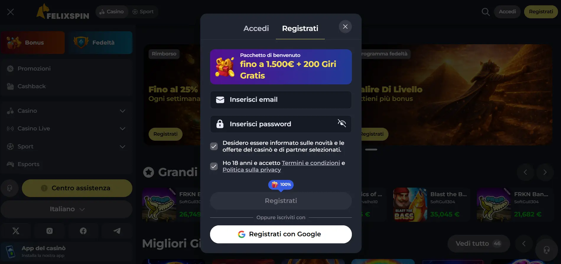 Modulo di iscrizione — FelixSpin per nuovi giocatori Modulo di iscrizione — FelixSpin
